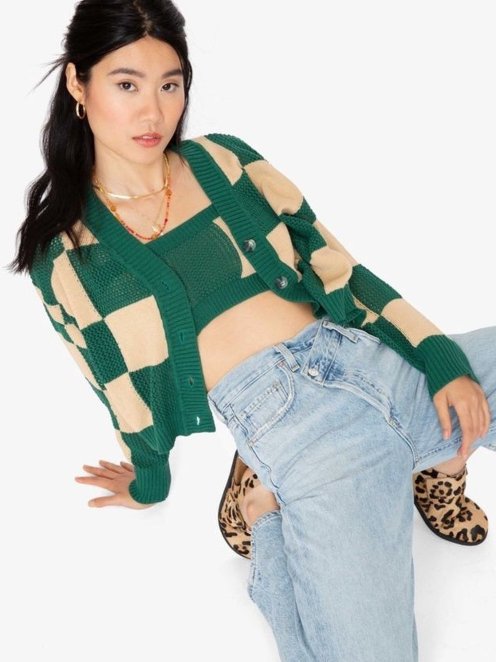 Callahan Green & Tan Checkerboard Knit Set Cardigan + Crop Tank